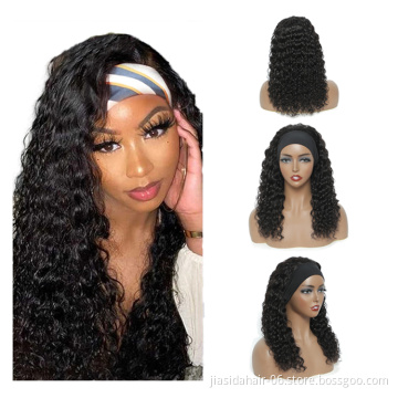 Wholesale Deep Wave Curly Raw Indian Virgin Remy Human Cuticle Aligned Hair None Lace Wigs Glueless Headband Wig